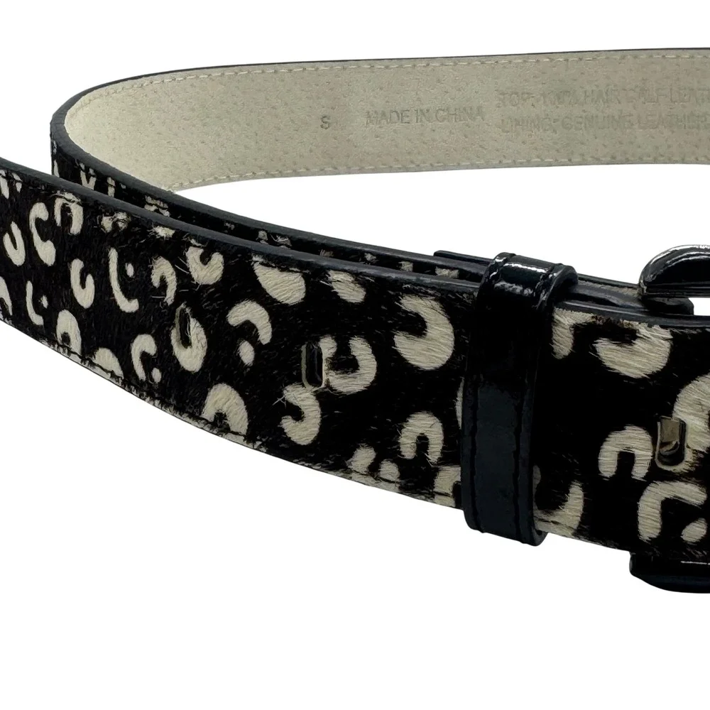 Vintage Women Animal Print Hair Calf Leather Belt Black White Leopard Small